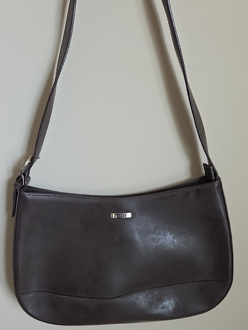 Oroton Dark Brown Leather Shoulder Bag with Metal Logo Plaque